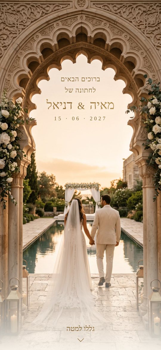 ההזמנה של מאיה ודניאל: זוג הולך לחופה בתוך קשת אבן בשקיעה