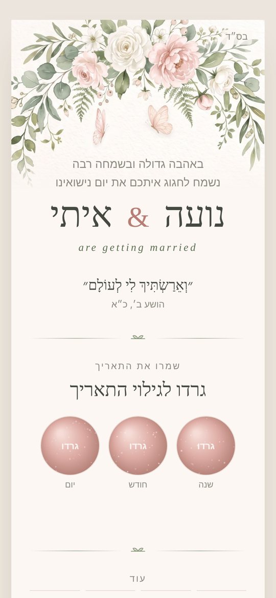 ההזמנה של נועה ואיתי: זר פרחים ופרפרים בצבעי מים מעל השמות